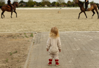 Un jeune enfant regarde deux cavaliers à cheval, un attrait phare du Feather Down Het Keelven aux Pays-Bas.