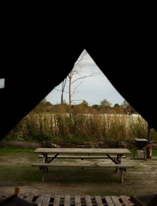 Uitzicht vanuit een tent op een picknicktafel en natuur bij Feather Down Het Keelven, Noord-Brabant.