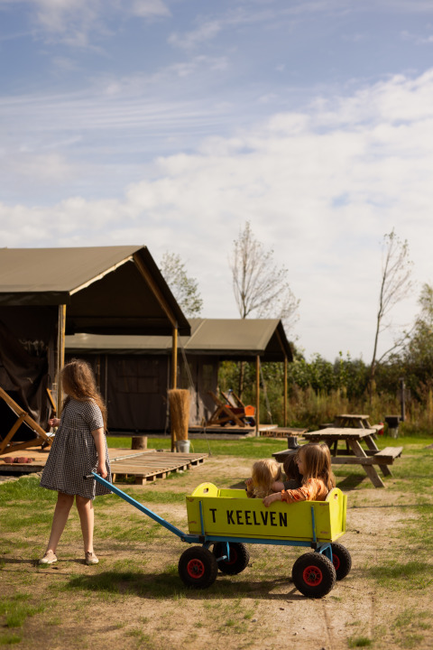A child pulls a wagon with two kids, in front of tents and picnic tables at Feather Down Het Keelven holiday park.