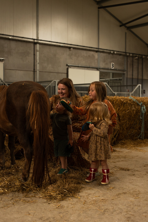 Kinder und eine Erwachsene bürsten ein Pony in einer Scheune im Feather Down Het Keelven, Nordbrabant, Niederlande.
