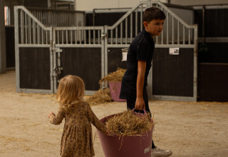 Twee kinderen dragen een bak met hooi in een stal bij Feather Down Het Keelven vakantiepark in Noord-Brabant.