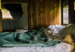 Lit douillet avec couverture verte dans une tente safari rustique, murs en bois et lumière naturelle.