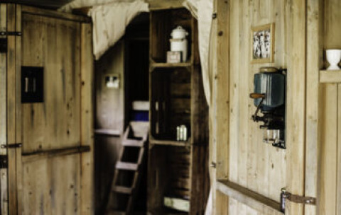 Intérieur d'une tente safari avec murs en bois rustiques, échelle et décoration sobre et vintage.