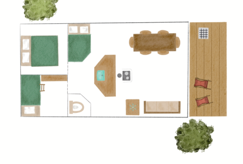 Plan d'une tente safari avec zones de couchage, salle de bain, cuisine, table à manger et terrasse.