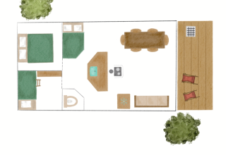 Floor plan of a safari tent showing sleeping areas, bathroom, kitchen, dining table, and outdoor deck.