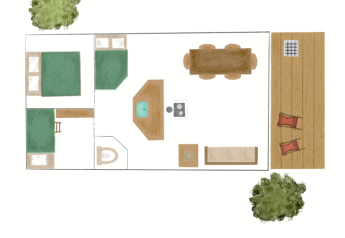 Planimetria di una tenda safari con aree letto, bagno, cucina, tavolo da pranzo e terrazza esterna.