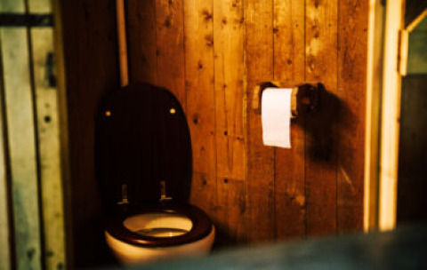 Toilettes simples avec murs en bois et papier toilette, photo prise dans une tente de safari rustique.
