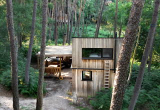 Cabaña revestida de madera con jacuzzi rodeada de altos árboles en el bosque de Limburgo, Bélgica.