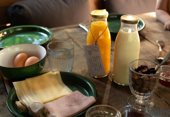 Frühstückstisch beim Glamping mit Saft, Milch, Eiern, Käse, Schinken und Nüssen auf Holztisch.