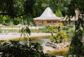 Glamping-Unterkunft mit Holzhütte, kleinem See, Palmen und Liegestühlen inmitten grüner Naturkulisse.