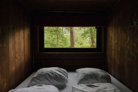 Uitzicht vanuit een knusse houten blokhut in het bos van Limburg, België, gezien vanaf een bed met kussens.