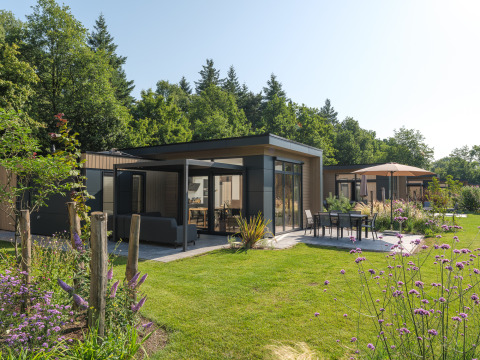 Moderna lodge Essenburgh Comfort con grandes ventanales, patio amueblado y jardín junto a un bosque.