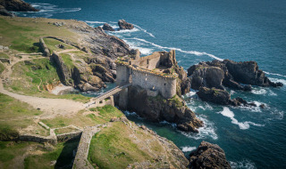 Aerial view of a historic coastal fortress near L'Aiguillon-sur-Mer, Pays de la Loire, France.