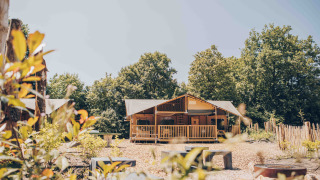 Tenda safari Ranger Lodge vista frontalmente, circondata da alberi e natura in una giornata di sole.