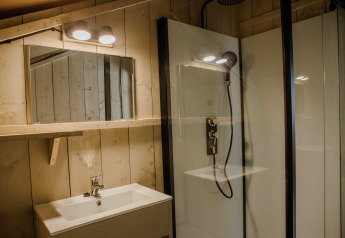 Bagno moderno con pareti in legno, specchio, lavandino e doccia nella Ranger Lodge a Veluwepark de Bosgraaf.