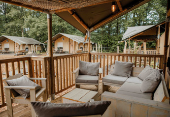 Vue depuis la véranda du lodge safari Ranger au Veluwepark de Bosgraaf, Pays-Bas, avec espace détente.