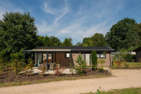 Veluwe Lodge van buitenaf, omgeven door bomen en struiken, met terras en stoelen op een zonnige dag.