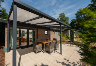 Overdekt terras met tuinset bij Veluwe Lodge in Veluwepark de Bosgraaf, omgeven door bomen en planten.