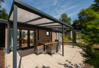 Terraza cubierta con mesa y sillas en Veluwe Lodge, Veluwepark de Bosgraaf, rodeada de naturaleza y plantas.