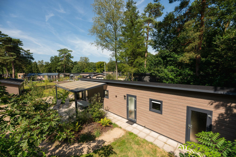 Forest Lodge im Veluwepark de Bosgraaf, Niederlande, mit moderner Terrasse und umgeben von Bäumen.