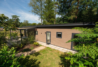 Moderne træhytte ved Forest Lodge, Veluwepark de Bosgraaf, Holland, omgivet af grøn natur og have.