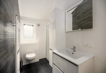 Baño moderno en la cabaña Loevestein en Veluwepark de Bosgraaf, Países Bajos, con diseño minimalista.