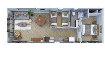Top view of Loevestein lodge at Veluwepark de Bosgraaf, Netherlands, showing bedrooms and living areas.