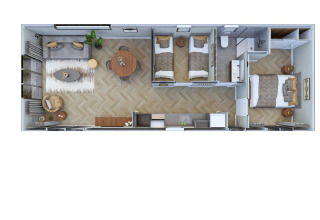 Top view of Loevestein lodge at Veluwepark de Bosgraaf, Netherlands, showing bedrooms and living areas.