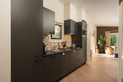 Moderne keuken in de Loevestein-lodge bij Veluwepark de Bosgraaf, met zwarte kasten en zicht op het salon.