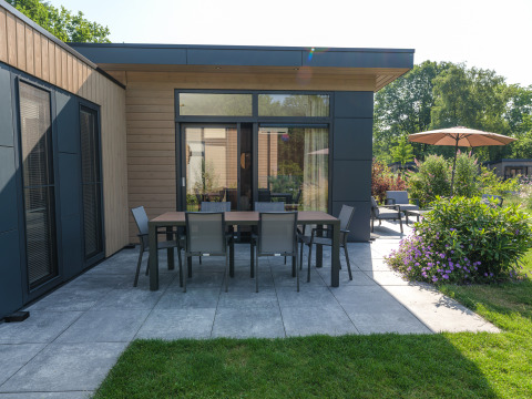 Modern Essenburgh lodge patio with garden furniture at Veluwepark de Bosgraaf in the Netherlands, lush surroundings.