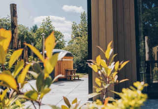 Vista exterior desde una pequeña casa con paneles de madera y jacuzzi en Veluwepark de Bosgraaf, Países Bajos.
