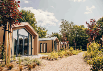 Foto von modernen Tiny Houses mit viel Grün und einem Kiesweg, harmonisch eingebettet in die Natur.