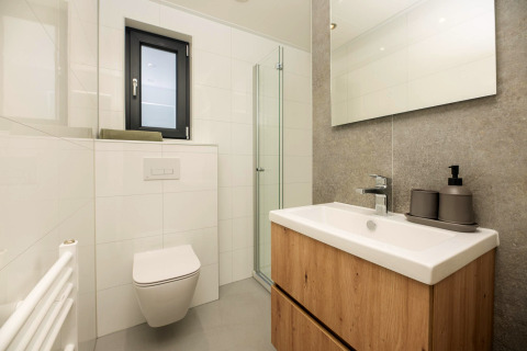 Salle de bain moderne de tiny house avec WC suspendu, meuble lavabo en bois, grand miroir et douche vitrée.