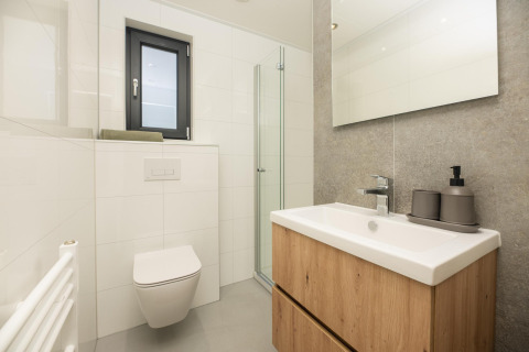 Salle de bain moderne de tiny house avec WC suspendu, meuble lavabo en bois, grand miroir et douche vitrée.