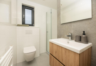 Kleine moderne badkamer in een tiny house met hangtoilet, houten wastafelmeubel en glazen douche.