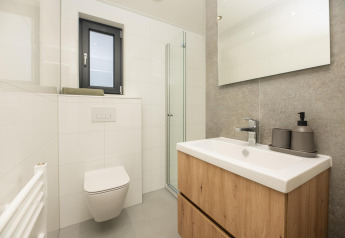 Salle de bain moderne de tiny house avec WC suspendu, meuble lavabo en bois, grand miroir et douche vitrée.
