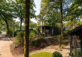 Sand Lodge Comfort moderna al Veluwepark de Bosgraaf nei Paesi Bassi, immersa tra alberi verdi e natura.
