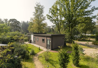 Heather Lodge mit modernem Design, umgeben von grüner Natur, Bäumen und Spazierwegen in ruhiger Lage.