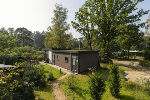 Heather Lodge met eigentijdse uitstraling, omgeven door groen, bomen en wandelpaden in de natuur.