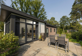 Modern facade and outdoor dining area of Heather Lodge at Veluwepark de Bosgraaf, surrounded by greenery.