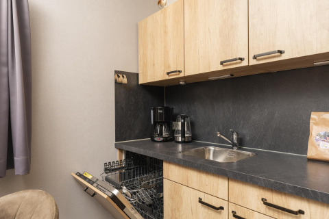Cocina en Heather Lodge en Veluwepark de Bosgraaf, Países Bajos, con lavavajillas, fregadero y cafeteras.