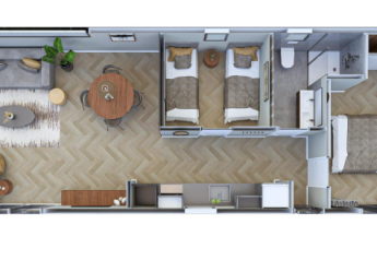 Floor plan of Loevestein Deluxe lodge with hot tub at Veluwepark de Bosgraaf in the Netherlands.