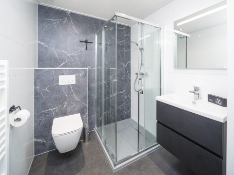 Modern bathroom with glass shower, wall-hung toilet and sink at Essenburgh Comfort in Veluwepark de Bosgraaf.