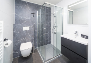 Bagno moderno con doccia in vetro, WC sospeso e lavabo presso Essenburgh Comfort a Veluwepark de Bosgraaf.