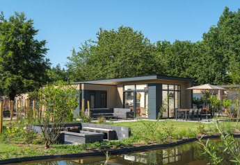 Modern Essenburgh Deluxe lodge with hot tub at Veluwepark de Bosgraaf, surrounded by garden and pond.