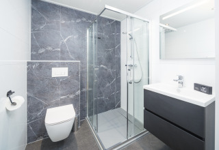 Baño moderno en Essenburgh Deluxe con cabina de ducha de vidrio y tocador elegante en Veluwepark de Bosgraaf.