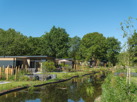 Lodge moderne con vasca idromassaggio vicino a uno stagno, immersi nella natura al Veluwepark de Bosgraaf, Paesi Bassi.