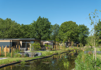 Lodges modernes avec bain à remous près d’un étang, entourés de verdure à Veluwepark de Bosgraaf, Pays-Bas.