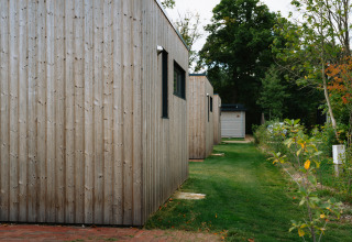 Met hout afgewerkte huisjes bij Happy Oak Lodge in Holiday Park Mölke, Nederland, met gras en bomen.