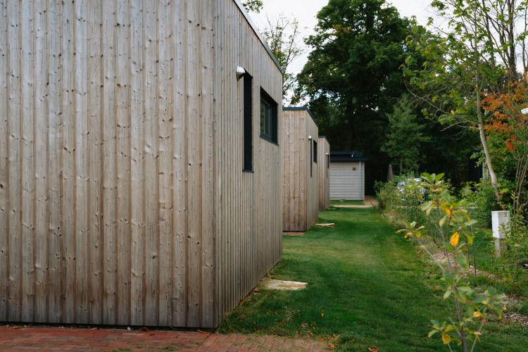 Wood-clad cabins at Happy Oak Lodge in Holiday Park Mölke, Netherlands, with grass and leafy trees.